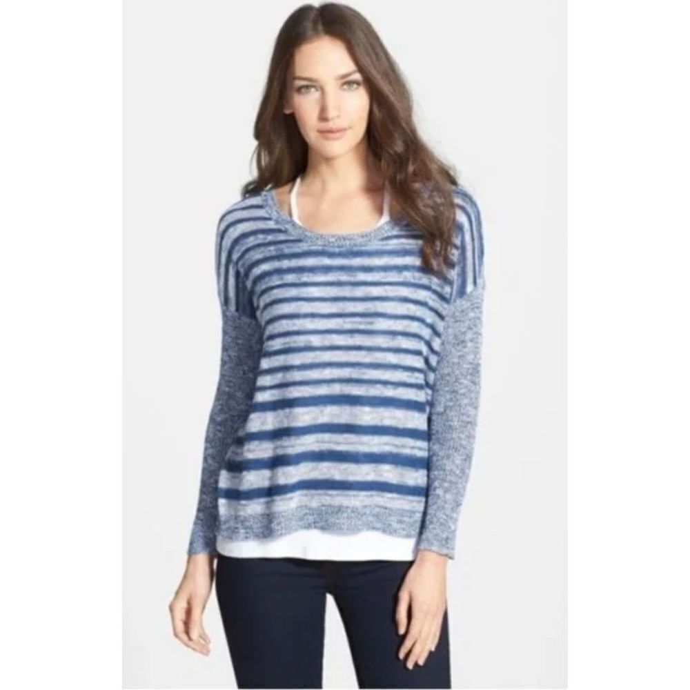 Eileen Fisher Organic Linen Cotton Striped Contrast Boatneck Sweater Blue size S